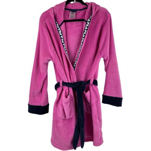 Fila Other - FILA Pink/Black Fleece Hooded Robe Logo Spell Out Trim Size Medium